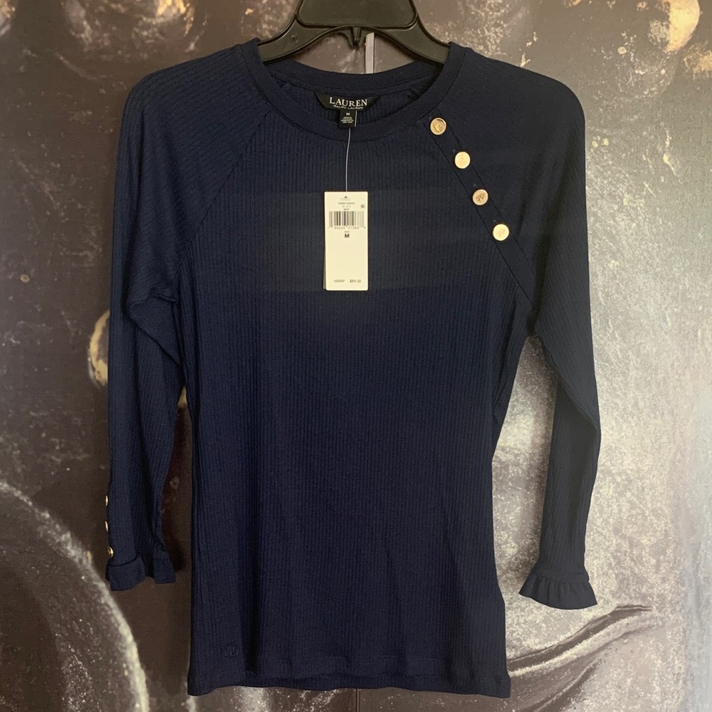 Lauren Ralph Lauren Navy Ribbed Long-Sleeve Top with Gold Buttons